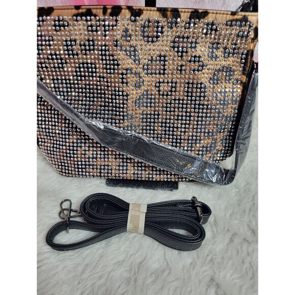 Stunning Rhinestone Embellished Leopard Black Handbag Hobo Purse 11x8x4 - Picture 5 of 8